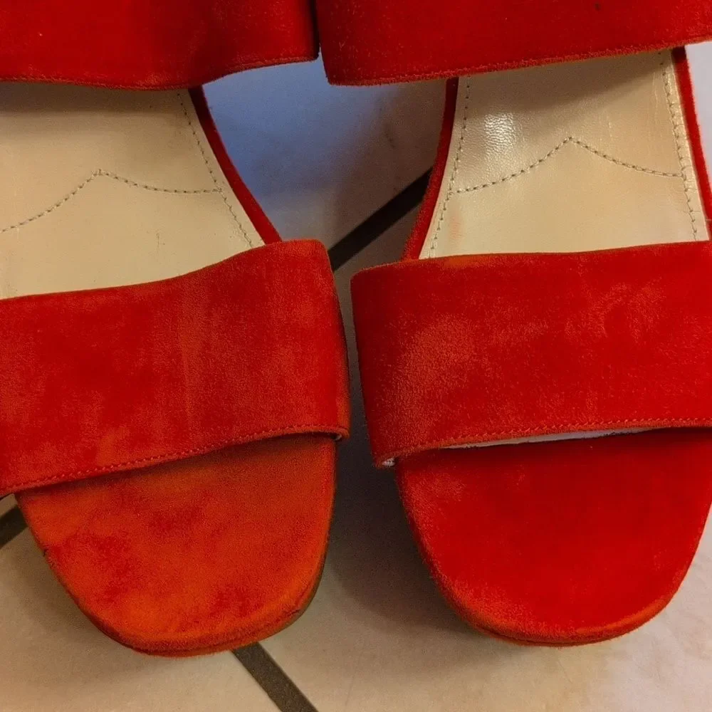 Prada Lipstick Red Wedges Leather Suede Platform Ankle Strap Sandals Size 11.5
